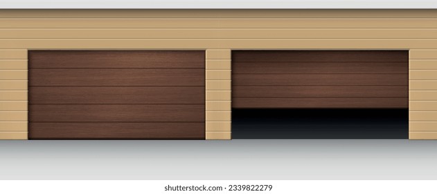 Closed and open garage rolling automatic wooden door building exterior realistic vector illustration. Modern parking mechanic entrance roller shutter automobile security enter house gate facade