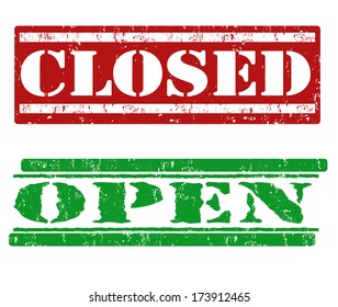 Closed and open grunge rubber stamps on white, vector illustration