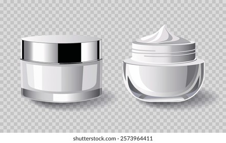Closed and open jars of cream. Realistic cosmetic mockups. Lotion, skin care. Blank cosmetic package set.