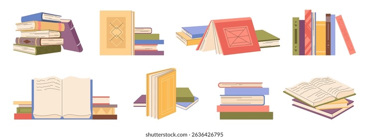 Closed and open journals with handwriting. Vector isolated set of books and textbooks for education and studying. Notes or encyclopedia publishing. Bookstore or shop, university library