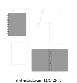 Closed and open letter size disc bound notebook folder with white filler paper sheets, mock-up. Discbound refillable note book, mockup