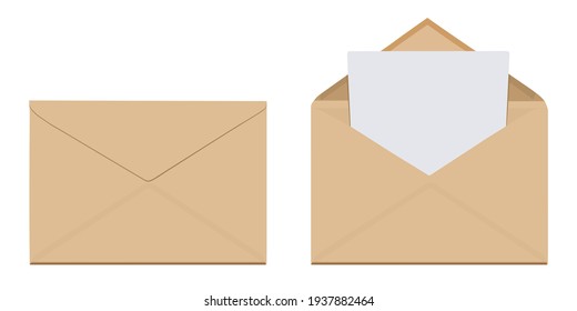 Closed and open light brown envelopes on a white background. Blank, blank sheet of paper with copy space. Isolated objects, mockup, layout. Illustration and vector image.