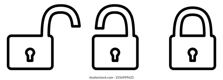 Closed and open line padlock collection. Locked and unlocked outline icon set. Privacy and security symbol. Vector illustration isolated on white.