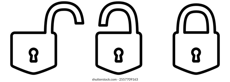 Closed and open line padlock collection. Locked and unlocked outline icon set. Privacy and security symbol. Vector illustration isolated on white.