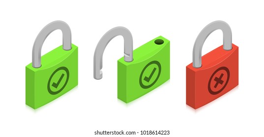 Closed And Open Locks With Check And Cross Symbols. Isometric Vector Illustration