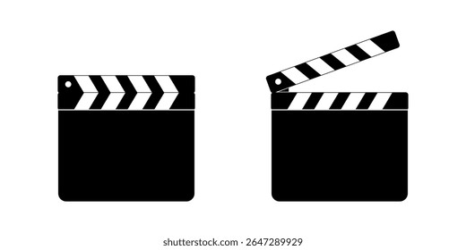 Closed and open movie clapboard silhouettes. Clapper boards isolated on white background. Camera and action concept. Cinema or television program production tools. Vector graphic illustration.