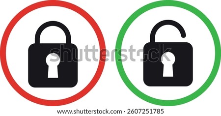 Closed and open padlock icons in red and green circles . Lock and unlock sign . Vector illustration