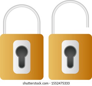 Closed and open padlock on white background.
