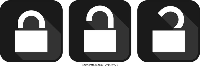 Closed & Open padlocks white body in black background. Flat with shadow style icon. Rectangle with round corner icons. Padlock vector icons. 
