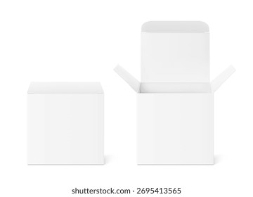 Closed and open paperboard box mockup. Vector illustration isolated on white background. Packaging for tea, drip bag coffee, cosmetic, food, pharmacy. Ready for your design. EPS10.