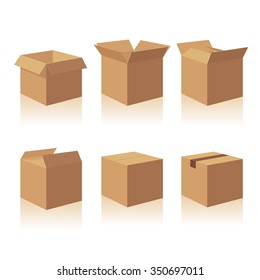 Closed and open recycle brown carton delivery packaging box. Vector flat illustration isolated on white background. Hand drawn design element for label and poster