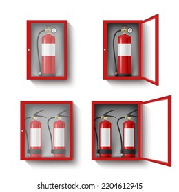 Closed open red box with fire extinguisher set realistic vector illustration. Safety firefighter cabinet for emergency chemical protection rescue prevention alarm supply industrial manual safeguard