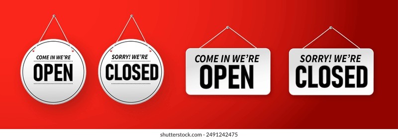 Closed and open. Red sign Sorry we are closed for holidays, with shadow isolated on red background. Vector