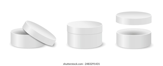 Closed and open round cardboard or tin boxes. Circular containers for gifts or hats, cosmetics or medicine, sweets or cookies. Cylindrical packages isolated on white background. Vector illustration.