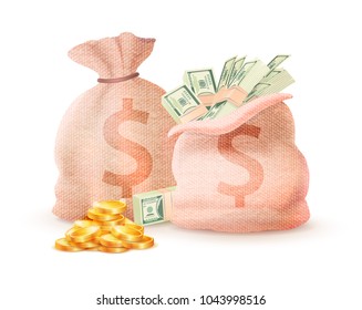 Closed and open sacks with dollar signs full of green hundred banknotes and golden coins vector illustration banking money symbol isolated on white