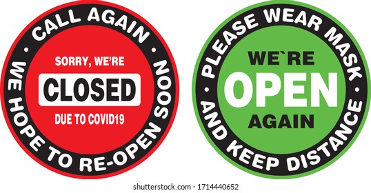 Closed and Open Signage or Door Sticker for Coronavirus Covid-19 Quarantine. Vector sign.