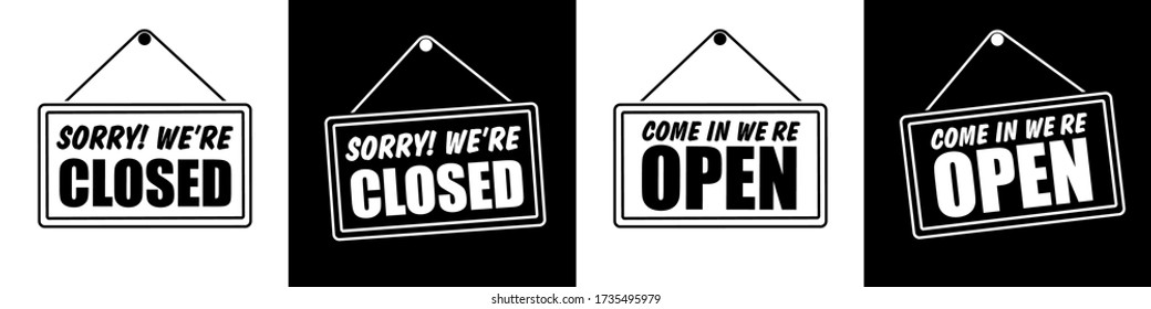 Closed and open in signboard with a rope on transparent background. Vector