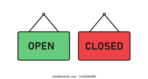 Closed open signboards isolated. Retro decoration market element. Store banner. EPS 10