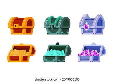 Closed and open treasure chests vector illustration set. Colorful trunks with coins and gems, pirate trophies isolated on white background. Wealth, money concept for game, app or UI element design