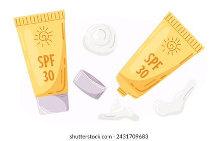 Closed and open tubes of sunscreen and squeezed out cream of different shapes. Cream with SPF blocks the sun's rays. Product for the “Protection from Summer” set. Sun safety vector illustration.