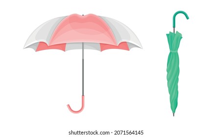 Closed and Open Umbrella as Waterproof Protective Accessory for Rainy Weather Vector Set