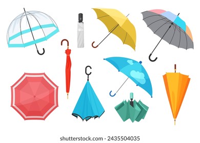 Closed and open umbrellas set. Cute waterproof parasols with handle to protect from autumn and spring rain and storm, colorful modern umbrellas collection for rainy weather cartoon vector illustration