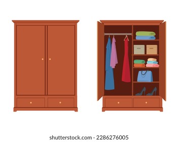 Closed and open wardrobe. Wardrobes with clothes and shoes, packaging boxes. Isolated wooden cupboard. Vector illustration