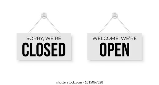 Closed and open white signboards hanged on suction cup. Rectangular shape clipboard for retail, shop, store, cafe, bar, restaurant. Announcement template with opportunity to visit on white background