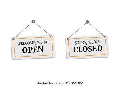 Closed and open white signboards hanged on suction cup. Rectangular shape clipboard for retail, shop, store, cafe, bar, restaurant. Announcement template with opportunity to visit on white background