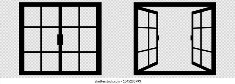 Closed and open window on transparent background. Isolated thin window in black color. Silhouette of empty rectangular border. Classic concept of interior. Vector illustration. EPS 10