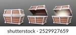 Closed and open wooden chest box with metal frame. Empty and with magic light coffer with wood texture. Realistic 3d vector illustration set of mystery ancient case glow from inside. Vintage crate.