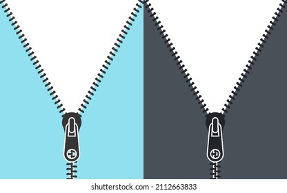 Closed and open zipper. Zipper Background. Concept banner. Fastener. Closing clasp. Vector illustration