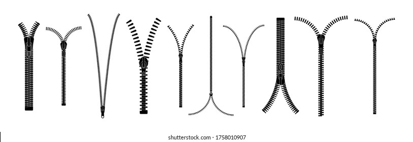 Closed and open zipper. Set of different lightnings. Zip pulls or zipper pullers, black zip lock stock collection isolated on white background. Vector illustration, eps 10.