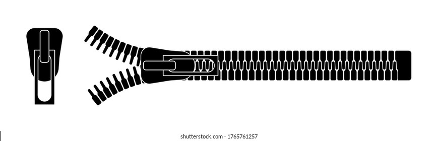 Closed and open zipper. Zip pulls or zipper pullers, black zip lock stock collection isolated on white background. Set of different lightnings. Vector illustration, eps 10.