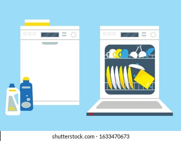 Closed and opend dishwasher machines with cleanser and dishes. Kitchen equipment  vector illustration.