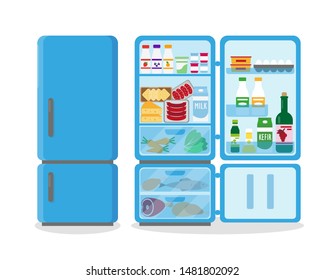 Closed and opened blue refrigerator full of food. Vector illustation.