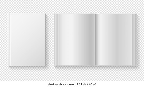 Closed and opened book. White cover template, library reading. Realistic white paper sheets diary or planner vector mockup