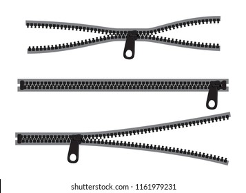 Closed, opened and broken zipper set. Isolated vector clothes accessory.