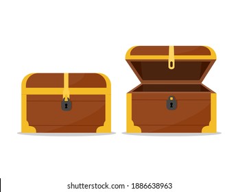 closed and opened brown wooden pirate chests with golden metal stripes and keyhole