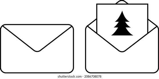 closed and opened christmas letter with a christmas tree on it, isolated on white, vector illustration