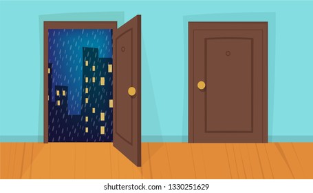 Closed and opened door. Rainy night scene. Eps 10 vector illustration.