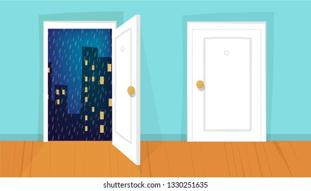 Closed and opened door. Rainy night scene. Home design concept set. Eps 10 vector illustration.