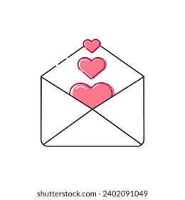 Closed, Opened Envelope with Heart Icon Set Closeup Isolated. Envelope with Paper Sheet Inside. Design Template for Valentines Day Card	
