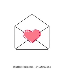 Sobre cerrado, abierto con el icono del corazón cerrado aislado. Sobre con hoja de papel dentro. Plantilla de diseño para tarjeta de San Valentín