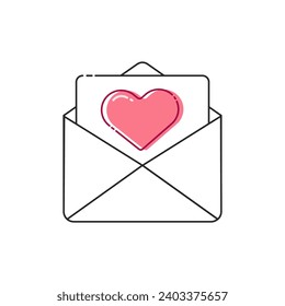 Closed, Opened Envelope with Heart Icon Set Closeup Isolated. Envelope with Paper Sheet Inside. Design Template for Valentines Day Card