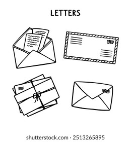 Símbolo de doodle de contorno de envelopes fechados e abertos. Pacote de letras empatadas com uma fita. Carta desenhada à mão com selos postais. Postagem retroativa definida. Ilustração isolada de vetor