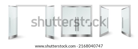 Closed and opened glass door realistic vector set. Transparent office or shop mall double automatic entrance doorway isolated on white background. Building architecture, exterior facade exit model