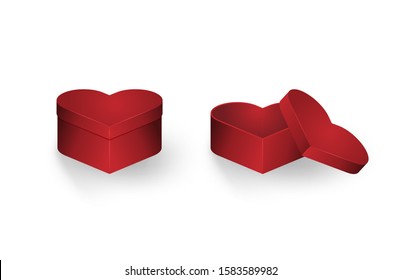 Closed and opened heart shape gift box isolated on white background. Vector illustration.