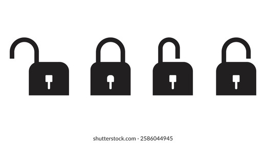 Closed and opened lock icon collection. Locked and unlocked black line icon set for apps and websites. Flat security shields logotype vector illustration. Key padlock clipart. Safety and protection 