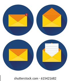 Closed and opened mail in trendy flat style. Letter, email, message set of color web icons. Round icon with long shadow. Isolated on white background. EPS10.